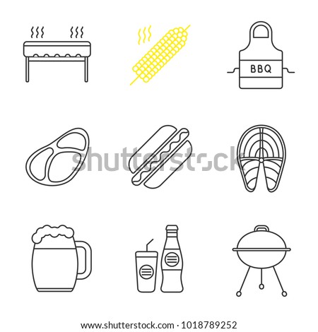 Barbecue linear icons set. BBQ. Grills, corn on skewer, apron, steak, hot dog, fish, beer mug, soda. Thin line contour symbols. Isolated vector outline illustrations