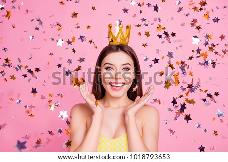 Wow omg! Emotion expressing luxury romantic summer carnival event concept. Close up portrait of adorable lovely tender cute sweet magic pretty charming girl with golden crown holding hands near face Royalty-Free Stock Photo #1018793653