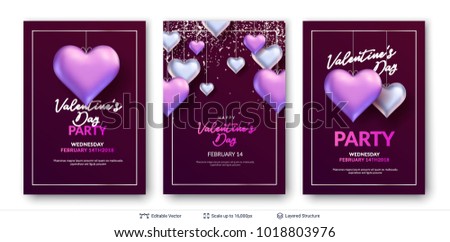 Glossy 3D hearts and greeting text. Easy to edit vector backgrounds set. Holiday card design.