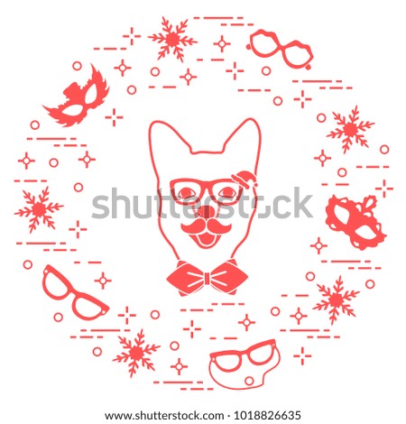 Muzzle of dog in carnival costume, masks, snowflakes, glasses, mustache, bow tie. Carnival festive concept. Costume for a party.
