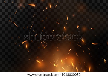 Red Fire sparks vector flying up. Burning glowing particles. Flame of fire with sparks in the air over a dark night. Firestorm texture. Isolated on a black transparent background.