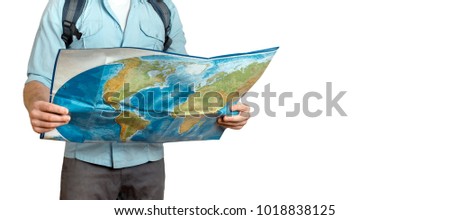 Young Traveler Man With Backpack Exploring Map, Isolated Background. Hiking Tourism Journey Concept