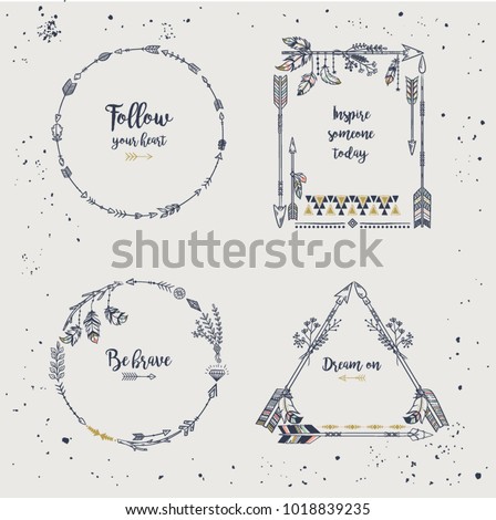 Hand drawn boho style frames with place for your text. Arrow and feather art vector illustration.