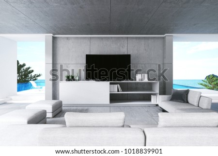 3D : illustration of portrait of television on wooden shelf in living room zone of the house. chill out with family at living room concept background. light effect added. clipping path included screen
