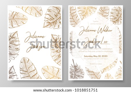 Gold wedding invitation with tropical leaves. Vector elements for design template. Gold tropical leaves for cards, wedding invites, save the date, greeting design, thank you cards, brochures, banners