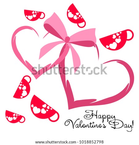 Greeting card with St. Valentine's Day. Red mugs for lovers with prints skrdechki. Abstract vector background.