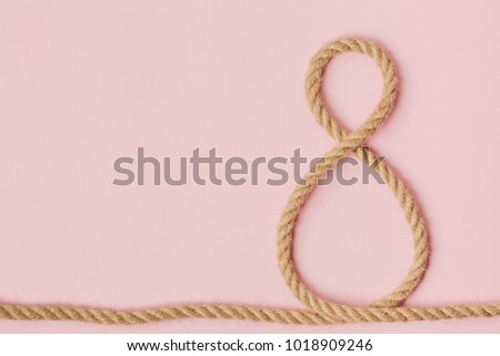 rope on a pink background in the form of a figure eight, concept March 8, a rope with flowers and leaves