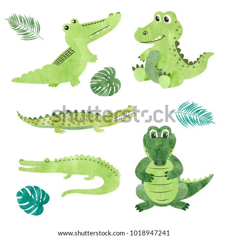 Set of watercolor cartoon crocodiles. Vector illustration of alligators.