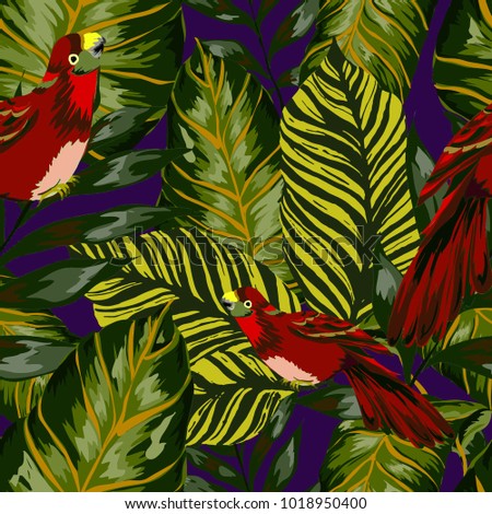 Tropical seamless pattern with leaves and red parrot.Beautiful allover print with hand drawn exotic plants and birds. Swimwear tropical design.
