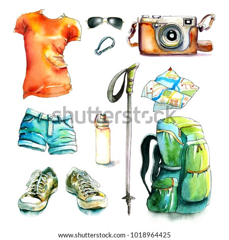 watercolor hiking walking travel set / gumshoe, film camera, sunglasses, t-shirt, watercolor jeans shorts, walking stick, carbine, water bottle, map, camping backpack /Watercolor and ink illustration 