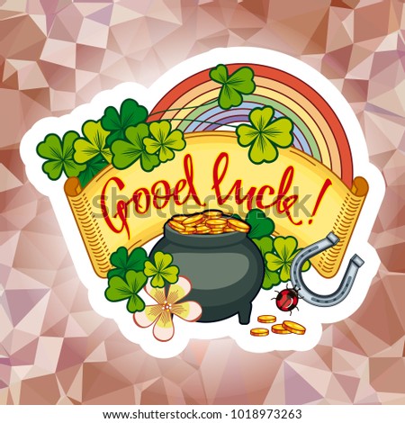 Holiday label with shamrock, rainbow and leprechaun pot of gold on a mosaic background. St. Patrick Day celebration. Vector clip art.