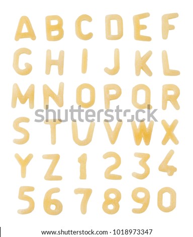 Alphabet made of macaroni letters isolated on white background.