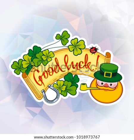 Funny square label with shamrock, leprechaun and text "Good luck!". St. Patrick Day background. Vector clip art.