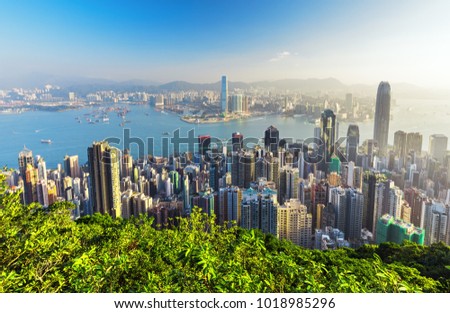 Amazing view on Hong Kong city skyline from the Victoria peak, China