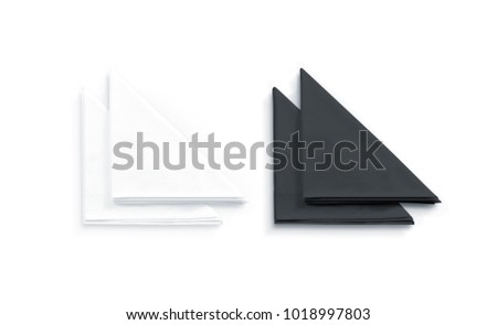 Blank black and white restaurant napkin mock up, isolated. Clear folded textile towel mockup design template. Cafe branding identity overlay for logotype design. Cotton cloth kitchen tissue towel Royalty-Free Stock Photo #1018997803