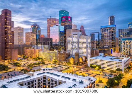 Houston, Texas, USA downtown cityscape at dusk.