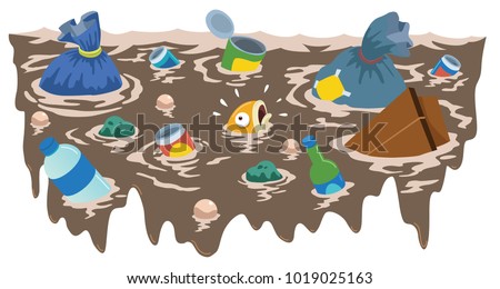 Vector illustration of Fish swimming in a river full of garbage. Great for Children Illustration.