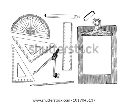 set of stationary , hand draw element sketch vector. work plac eor school equipment.