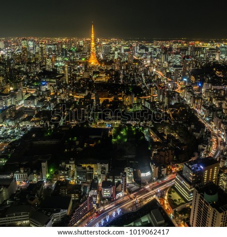 Night view from the Roppongi Hills observation deck, known as the Tokyo City View. This is a view of Tokyo Tower, Tokyo Skytree and other Tokyo landmarks. 