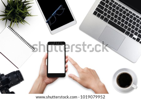 Top view business office supplies. Laptop with notebook and smart phone on table. Business concept. Home office workspace.
