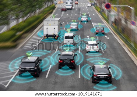 Sensing system and wireless communication network of vehicle. Autonomous car. Driverless car. Self driving vehicle. Royalty-Free Stock Photo #1019141671