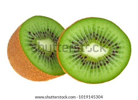 One kiwi fruit cut in halves isolated on white background