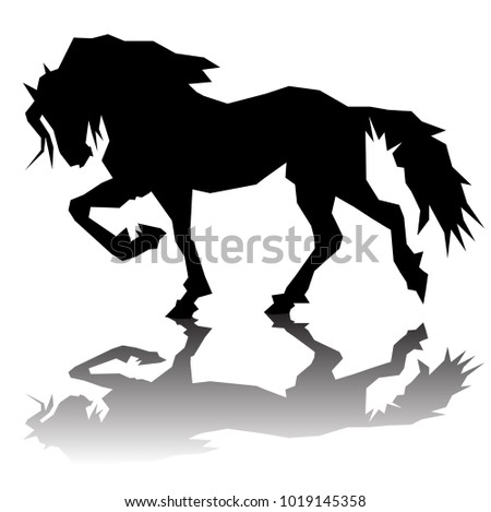Vector illustration of black silhouette of horse on a white background with tiny and reflection. Drawing straight lines.