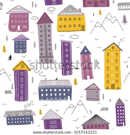 Abstract vector seamless pattern with houses on white background. Can be printed and used as wrapping paper, wallpaper, textile, background, etc.