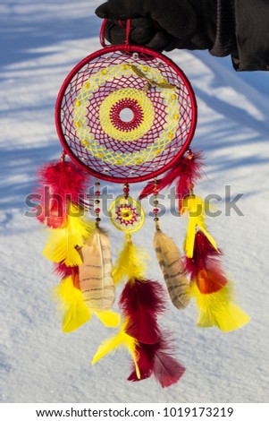 Red black and purple Dreamcatcher with bat made of feathers leather beads and ropes, hanging