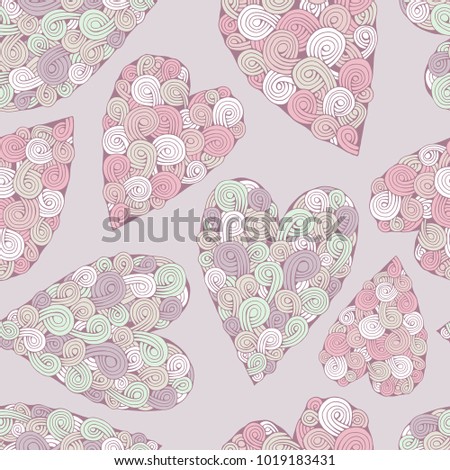 Romantic seamless pattern with doodle hearts.