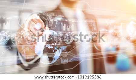 Businessman moving digital datas with a tactile pen on hologram screen 3D rendering