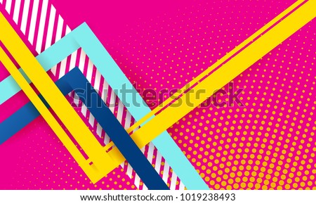 Lines abstract background, pink bright color. Vector abstract background texture design, bright poster, banner pink background, yellow and blue stripes and shapes. Royalty-Free Stock Photo #1019238493