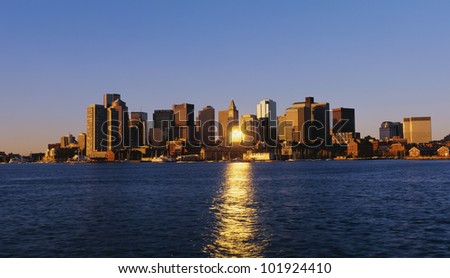 This is Boston's skyline with the waterfront in view in morning light.