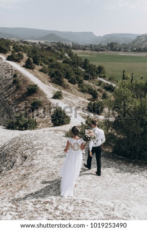 stylish wedding couple, newlyweds walking with their backs with a beautiful landscape of the mountains