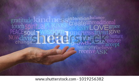 Heal Word Cloud - female hand gesturing towards the word HEAL surrounded by a relevant word tag cloud on a rustic blue and purple ethereal colored background with dark vignette edged border
 Royalty-Free Stock Photo #1019256382