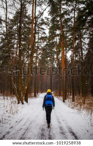 Photo from back of walking woman with backpack over winter forest