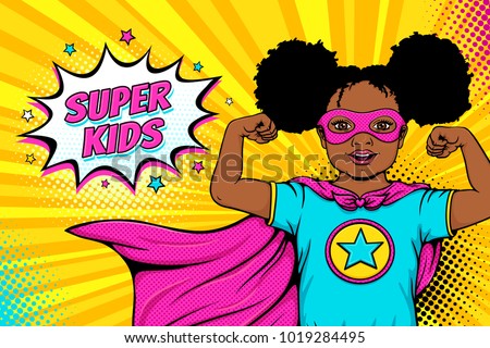 Wow face. Cute surprised african american black little girl dressed like superhero shows her power and Super Kids speech bubble. Vector illustration in retro pop art comic style. Party invitation poster. Royalty-Free Stock Photo #1019284495