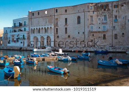 small harbor with fisher boats and old building in sunny morning of winter,on the adriatic coast of Puglia,that is Monopoli city.
