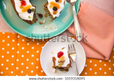 Carrot Cake with Fruits: Apricot, Raisin Grape, Cherry in Dish
