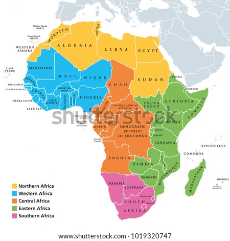 Africa regions political map with single countries. United Nations geoscheme. Northern, Western, Central, Eastern and Southern Africa in different colors. English labeling. Illustration. Vector. Royalty-Free Stock Photo #1019320747