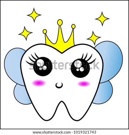 A cute tooth fairy character. Flat vector illustration. Dental health logo. Tooth fairy with wings, crown