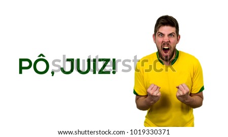 Fan or turist with yellow uniform celebrating on white background with the word "pô, juiz" wich means "c'mon 
soccer referee" in portuguese