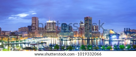 Downtown city skyline and Inner Harbor, Baltimore, Maryland, USA