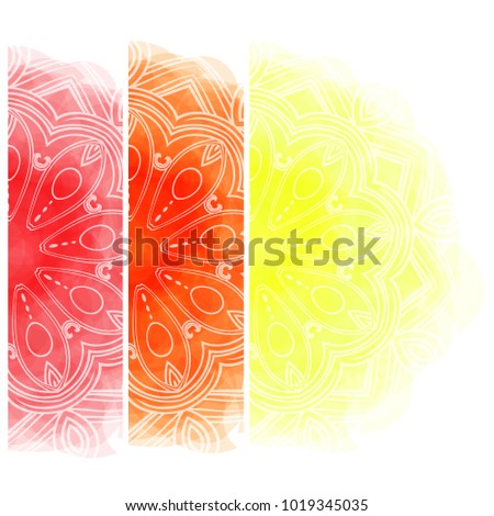 Decorative background. Three colors are red, orange, yellow. Semicircle. A warm color range. Vector graphics. Semicircular ornament. Mandala. Blurred background.