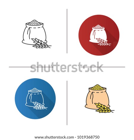 Wheat ears and flour bag icon. Flat design, linear and color styles. Spikes of rye. Agriculture. Isolated raster illustrations