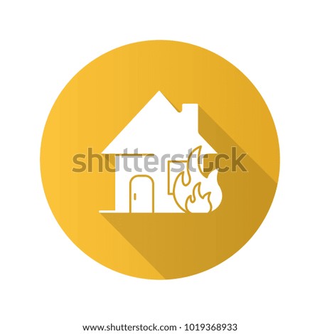 Burning house flat design long shadow glyph icon. House on fire. Raster silhouette illustration