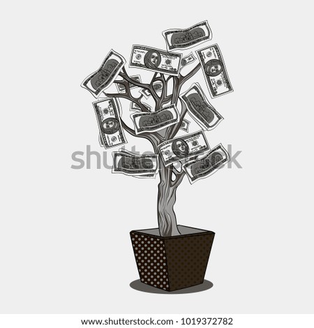 Money tree with 100 dollars. Currency on the plant. Business is growing. Object Shades of gray vector illustration