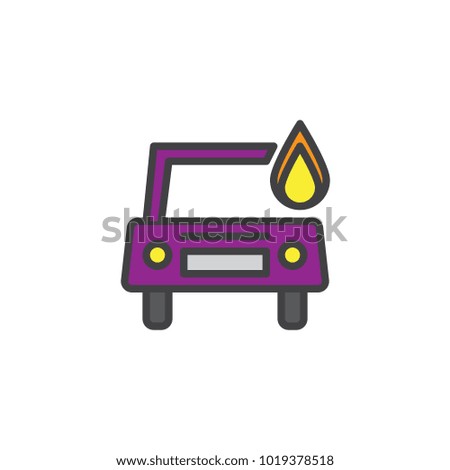 Burning car filled outline icon, line vector sign, linear colorful pictogram isolated on white. Automobile in flame symbol, logo illustration. Pixel perfect vector graphics