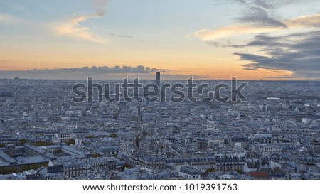 Sunset in Paris. View to from the top of Montmartre, France.
