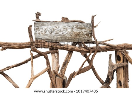Wooden rustic signboard on a dead branch, isolated. Woodwork or plywood art board background.